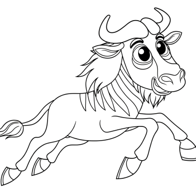 Coloring page of a wildebeest running across an African savanna with grass and horizon