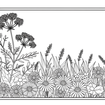 Wildflower meadow coloring page with mixed blooms and various flower types