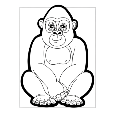 Coloring page illustration of a wise gorilla sitting in a thoughtful, contemplative pose