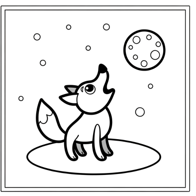 Coloring page illustration of a wolf howling at a full moon with stars in the night sky