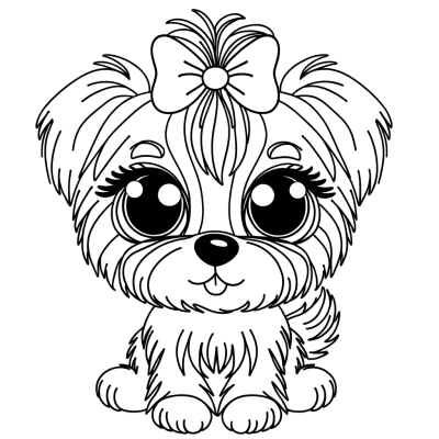 Coloring page of a cute Yorkie puppy with a small bow in its hair