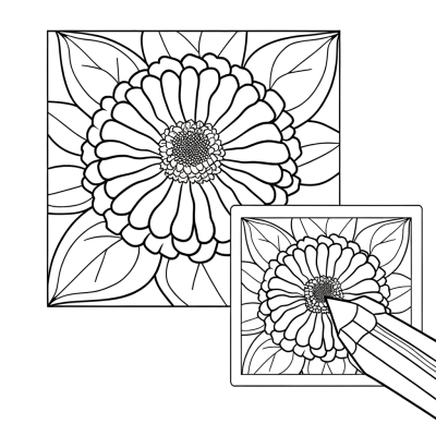 Zinnia flower coloring page outline with detailed petals and cheerful design