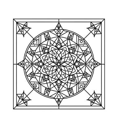 Zodiac mandala coloring page with 12 star signs arranged in circular pattern