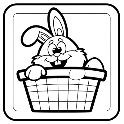 Coloring page of cute cartoon bunny with surprised expression peeking out from Easter basket with thick black outlines