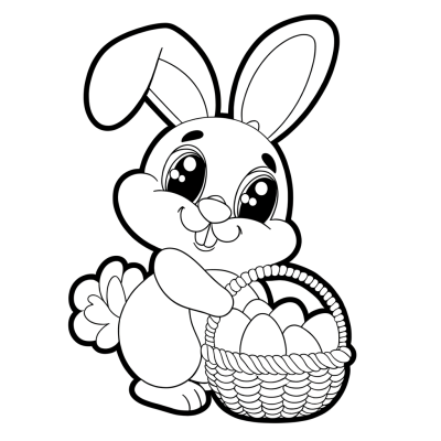 Adorable cartoon Easter bunny coloring page with egg basket and fluffy tail on white background