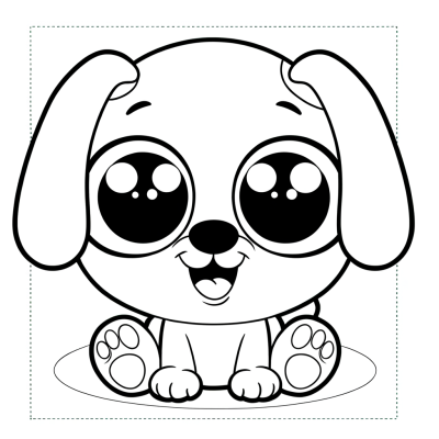 Coloring page of cute cartoon puppy with big eyes and floppy ears