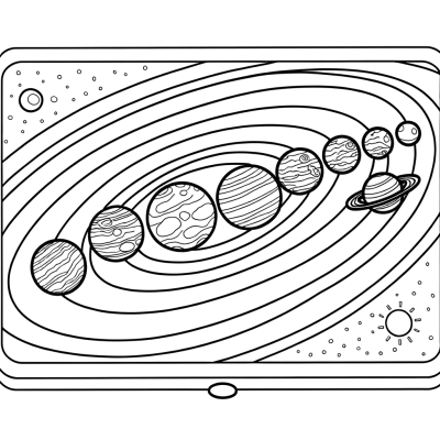 Coloring page showing all eight planets of the solar system lined up in a row from Mercury to Neptune