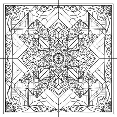 Abstract mandala coloring page with intricate swirling patterns and geometric designs