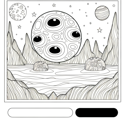 Alien planet coloring page showing strange landscape with unusual rock formations and otherworldly terrain