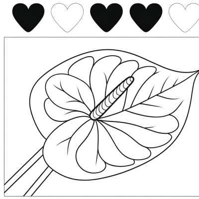 Coloring page of an anthurium plant with heart-shaped flowers and large leaves