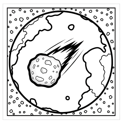 Coloring page showing an asteroid approaching planet Earth in space with stars
