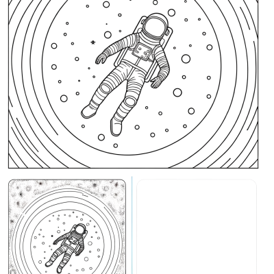 Coloring page of an astronaut floating in zero gravity space scene