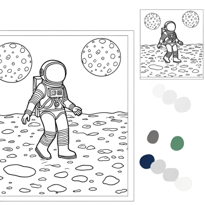 Coloring page showing an astronaut in a space suit walking on the moon surface