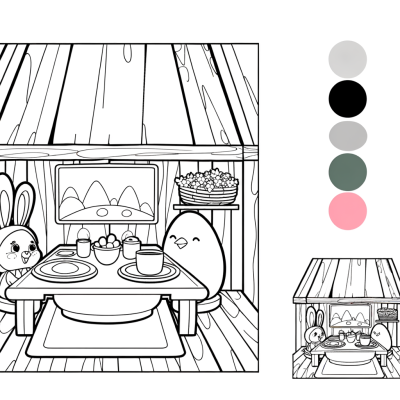 Easter morning breakfast coloring page showing table with decorated eggs, flowers and holiday food
