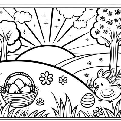 Easter morning sunrise coloring page showing peaceful dawn landscape with sun, hills, and Easter symbols