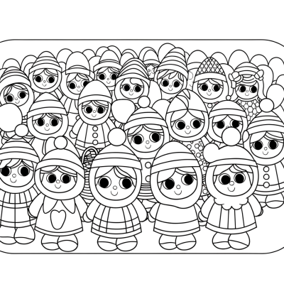 Easter parade coloring page with children wearing festive costumes and Easter outfits