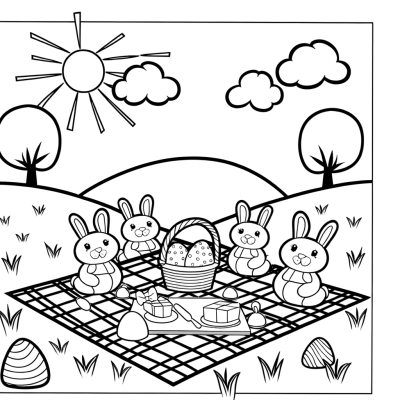 Easter picnic coloring page showing outdoor scene in sunny meadow with spring flowers