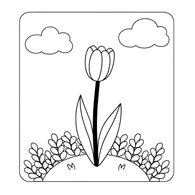 Elegant tulip coloring page showing a tall tulip flower in garden setting