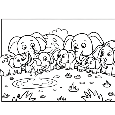 Coloring page showing elephant herd drinking at watering hole