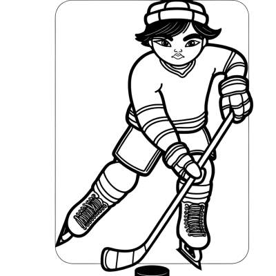 Coloring page of ice hockey player skating with hockey puck on ice rink