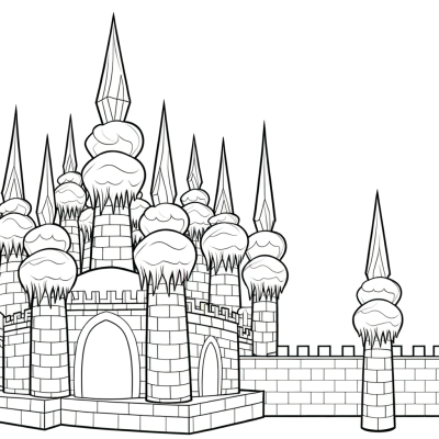 Ice palace coloring page with crystal spires and frozen walls for kids to color