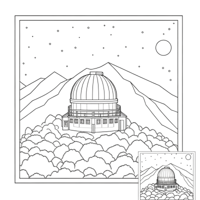 Coloring page illustration of an observatory dome building on a mountaintop with surrounding mountain landscape