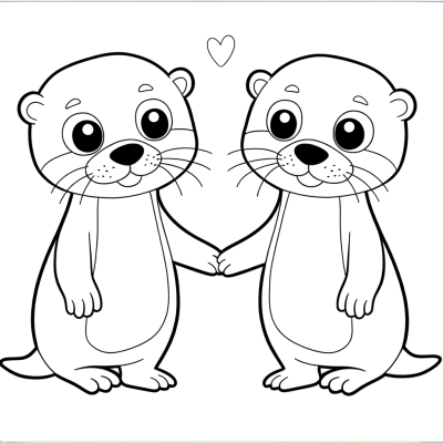 Coloring page showing two cute otters holding hands while floating in water
