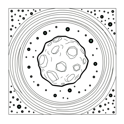 Coloring page showing asteroids floating in space belt with various sized space rocks