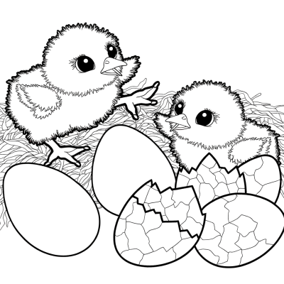 Coloring page of baby chicks hatching from eggs