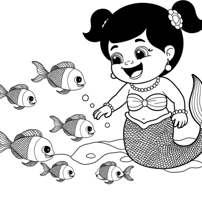 Illustration of a baby mermaid playing with fish for coloring