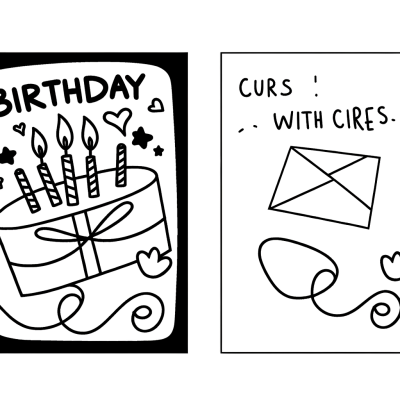 Birthday card with wishes coloring page, featuring decorative designs and text.