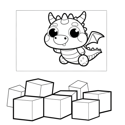 Blocky pixelated dragon flying over geometric cube mountains coloring page