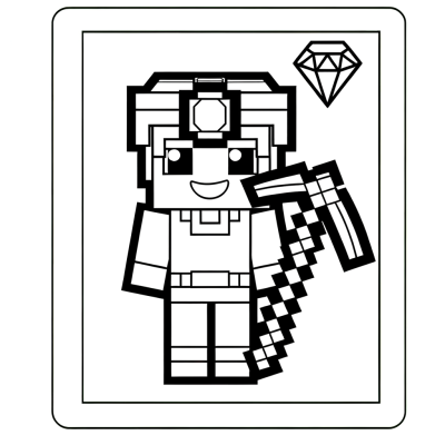 Blocky pixel-style character holding diamond pickaxe coloring page