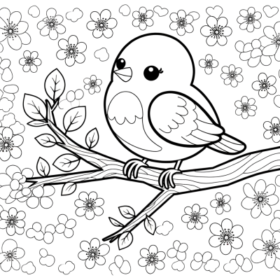 Coloring page of a bluebird perched on a spring branch with blossoms