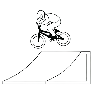 BMX rider jumping over a ramp with bike in action, coloring page