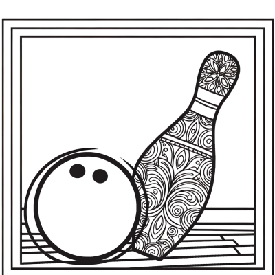 Coloring page of a bowling ball striking pins