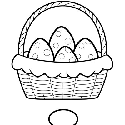 Coloring page of cartoon basket overflowing with Easter eggs with thick outlines