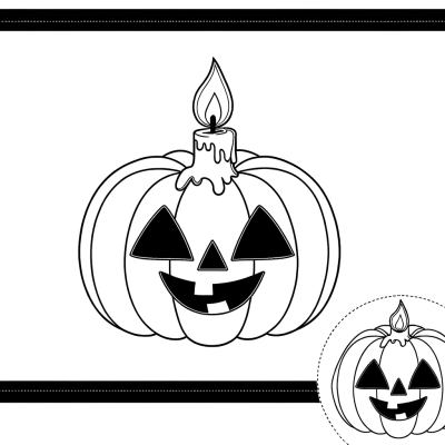 Cartoon carved pumpkin coloring page with candle inside glowing warmly, simple line art style