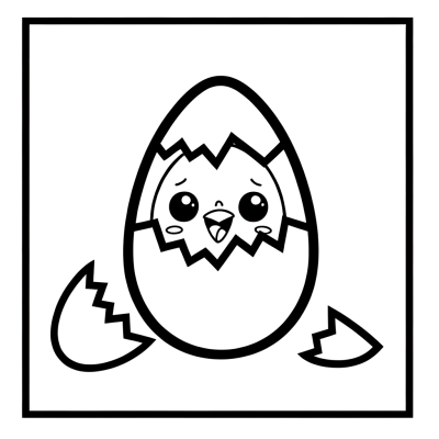 Cartoon chick hatching from cracked Easter egg coloring page with simple black lines on white background