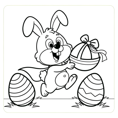 Cartoon Easter bunny coloring page with thick black lines showing bunny delivering Easter eggs