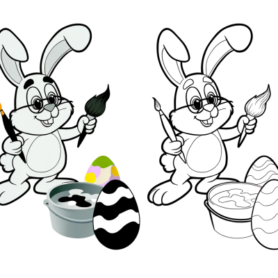 Cartoon Easter bunny artist painting Easter eggs coloring page with thick outlines