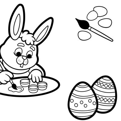 Cartoon Easter bunny artist painting eggs coloring page with thick black outlines on white background
