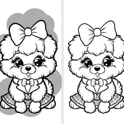 Simple coloring page of a cute fluffy cartoon puppy wearing a bow on its head