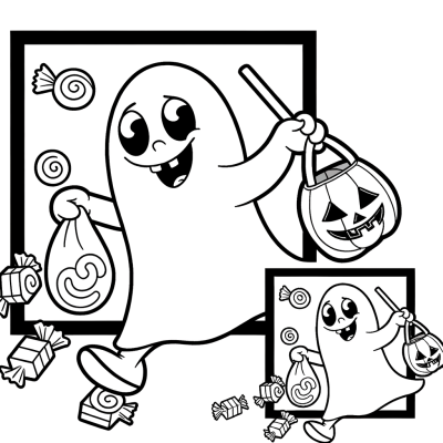 Cartoon ghost trick or treating coloring page with candy bag and thick black lines for Halloween