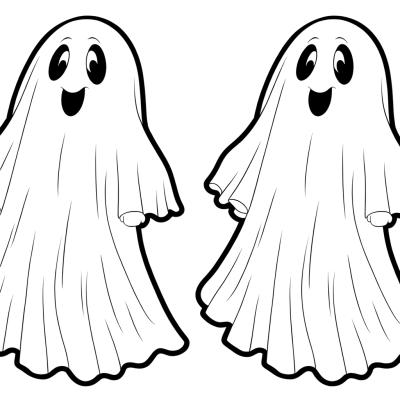 Cartoon ghost coloring page with bedsheet costume and simple black lines on white background