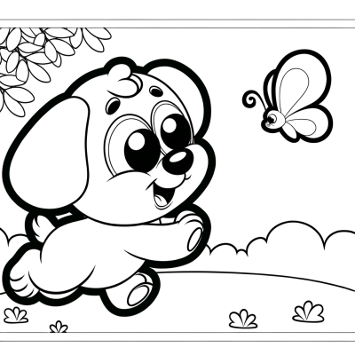 Coloring page of cute cartoon puppy chasing butterfly outdoors with simple black line art