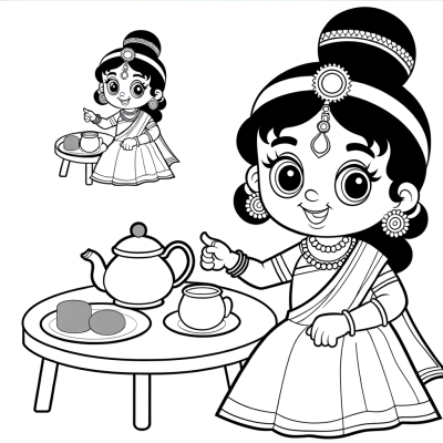 Cartoon princess having a tea party coloring page