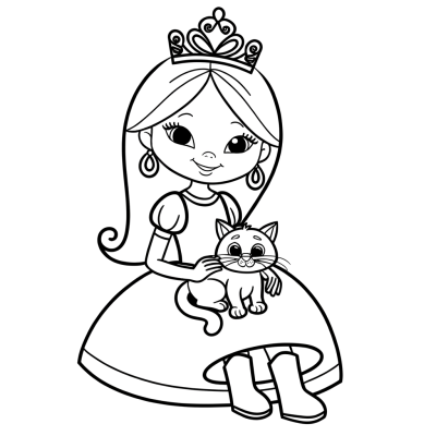 Coloring page of cartoon princess with cat on lap