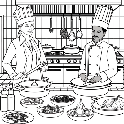 Chef cooking in a kitchen coloring page image