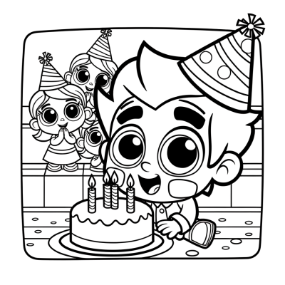 Coloring page of children at birthday party wearing party hats with balloons and cake
